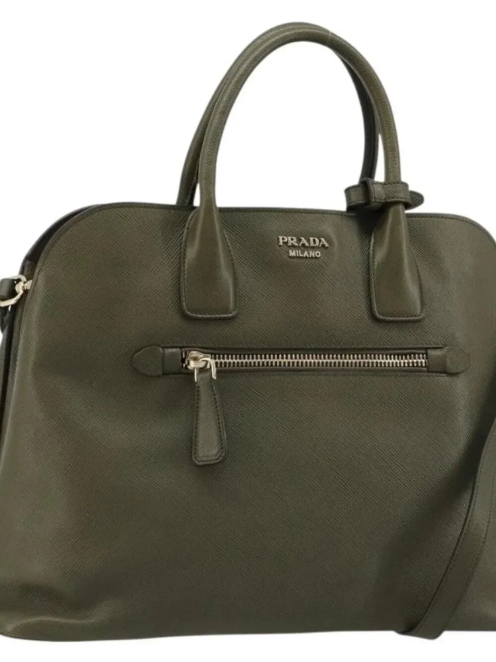 PRADA Cuir Open Promenade Satchel Bag Saffiano 2way Khaki Gold Auth